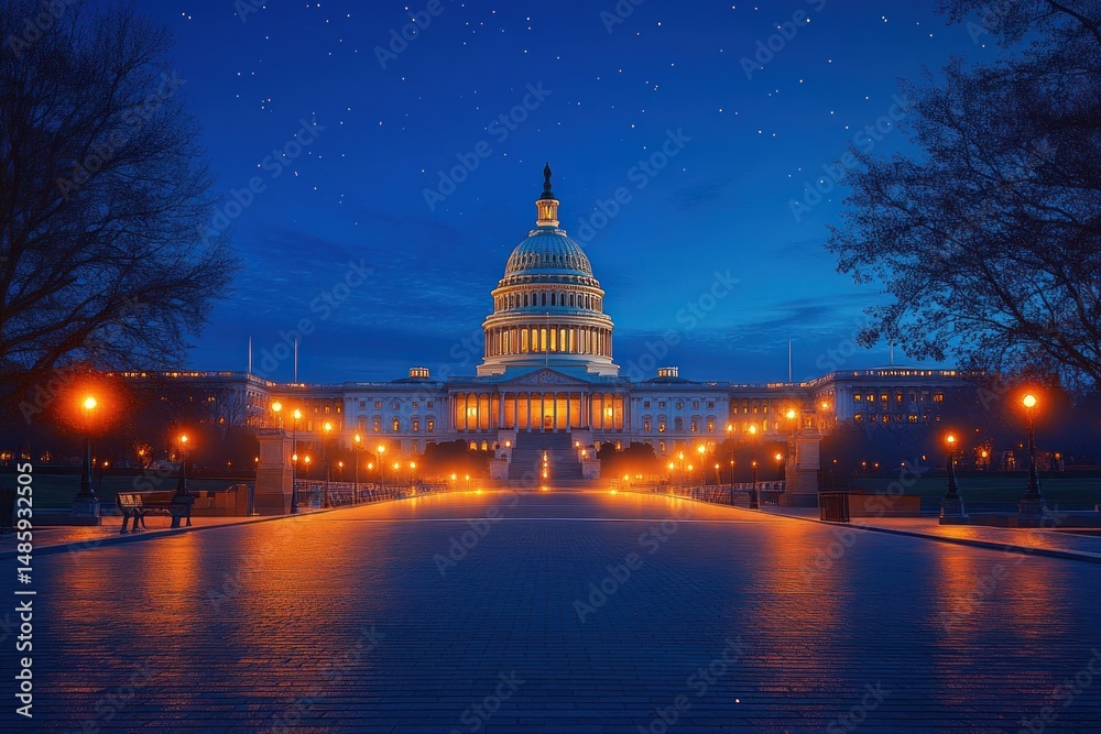 Fototapeta premium Illuminated classical government building at dusk with clear starry sky and surrounding trees framing the scene in peaceful night setting