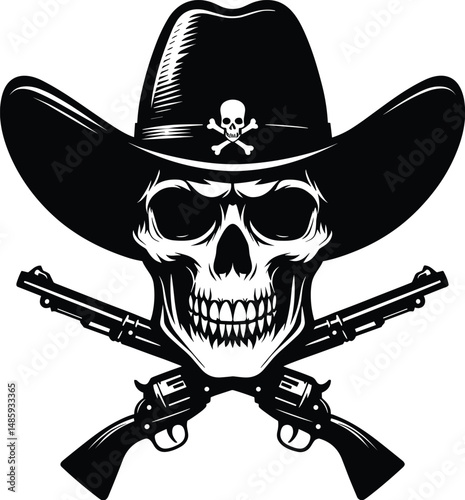 Skeleton Head Wearing Cowboy Hat Silhouette, Western Skull Icon Vector Illustration




