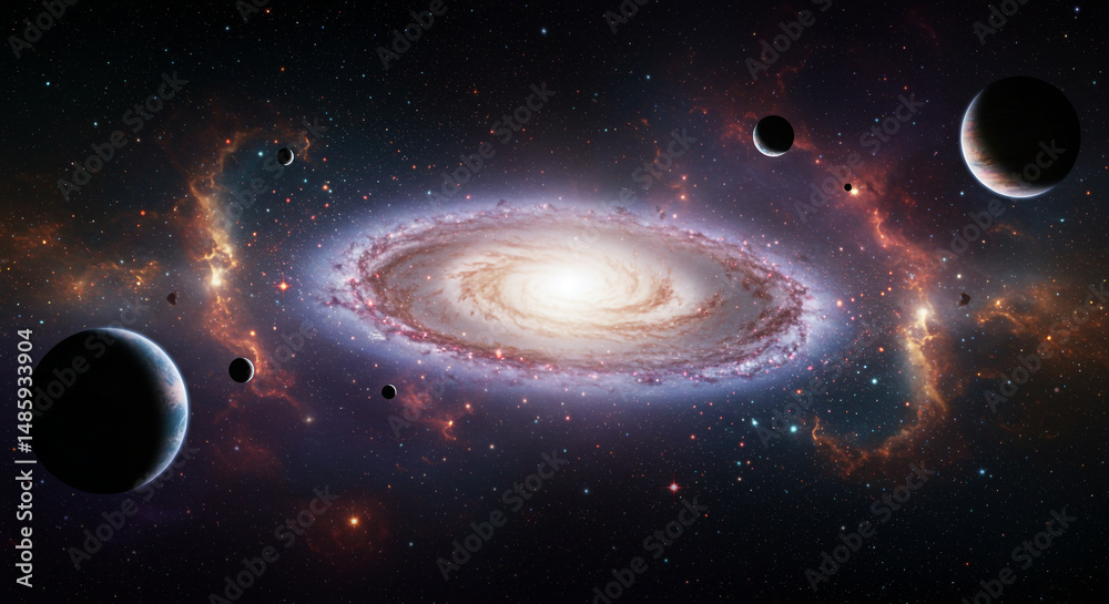 Obraz premium Spiral Galaxy and Planetary System A Cosmic Tapestry of Stars and Planets