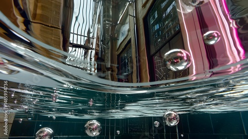 An abstract underwater photo capturing metallic bubbles rising in a tiled pool, with rippling reflections of urban architecture distorted by the water’s surface