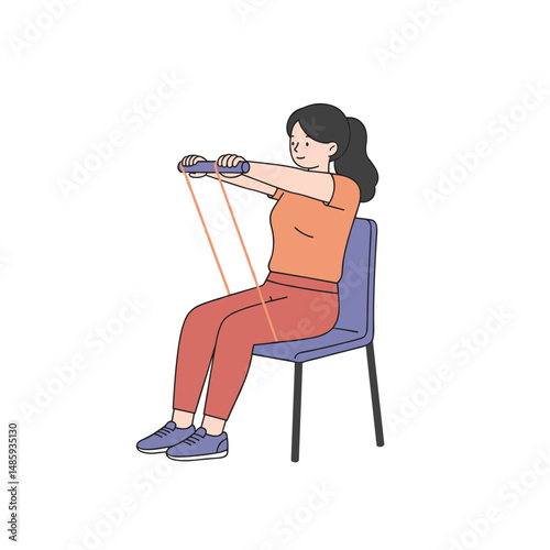 Woman exercising with resistance bands while seated on a chair. Minimalistic vector illustration. Flat style, soft colors, white background.