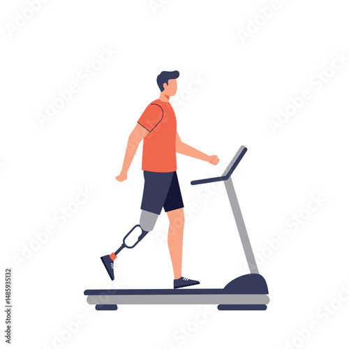 Young man exercising on treadmill with prosthetic leg in gym  . Minimalistic vector illustration on inclusive lifestyle theme. Flat style, soft colors, white background.