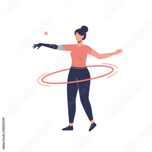 Young woman hula hooping with prosthetic arm in playful pose. Minimalistic vector illustration on inclusive lifestyle theme. Flat style, soft colors, white background.