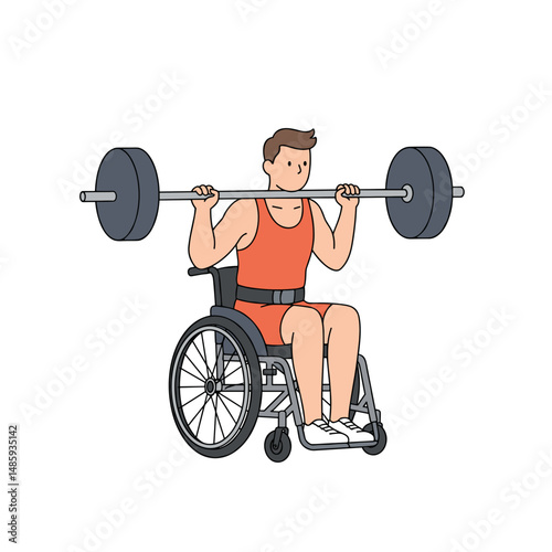 Man lifting weights in wheelchair during strength training session  . Minimalistic vector illustration on inclusive lifestyle theme. Flat style, soft colors, white background.