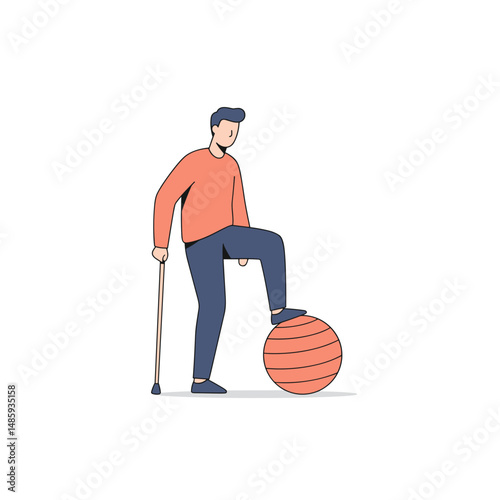 Young man with cane pushing fitness ball. Minimalistic vector illustration on inclusive lifestyle theme. Flat style, soft colors, white background.