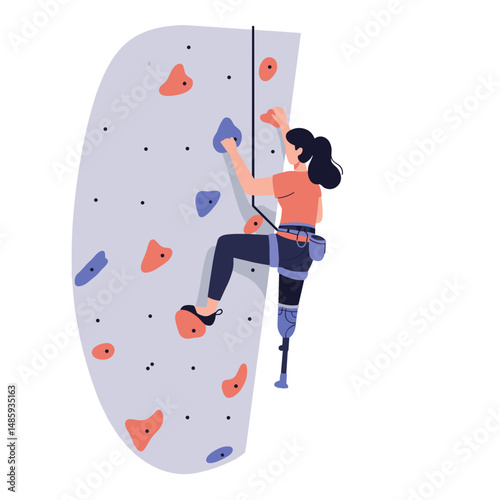 Woman with amputated leg on climbing wall. Minimalistic vector illustration on inclusive lifestyle theme. Flat style, soft colors, white background.
