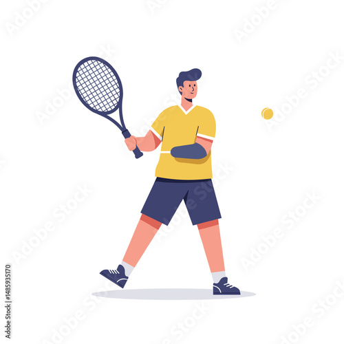 Young man playing tennis with a racket and ball in a minimalist style . Minimalistic vector illustration on inclusive lifestyle theme. Flat style, soft colors, white background.
