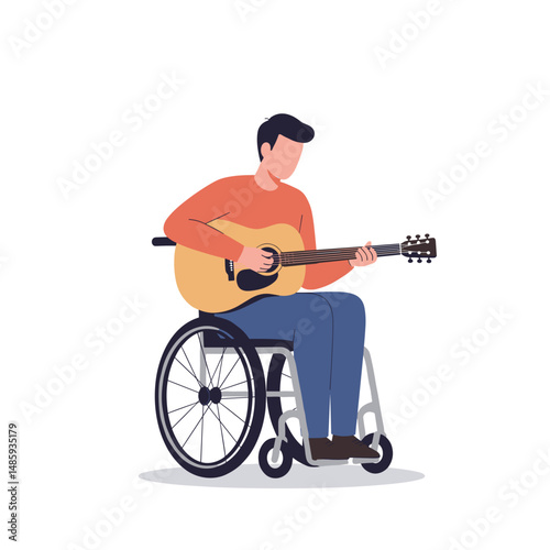 Young man playing guitar while sitting in a wheelchair indoors. Minimalistic vector illustration on inclusive lifestyle theme. Flat style, soft colors, white background.