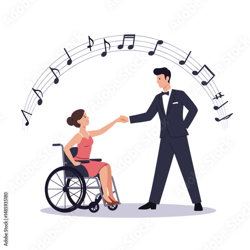 Woman in wheelchair dancing with man in tuxedo under musical notes  . Minimalistic vector illustration on inclusive lifestyle theme. Flat style, soft colors, white background.