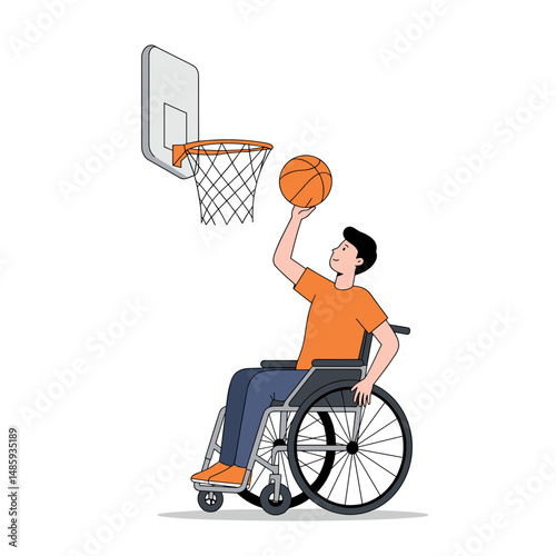 Disabled man playing basketball in wheelchair while scoring a hoop  . Minimalistic vector illustration on inclusive lifestyle theme. Flat style, soft colors, white background.