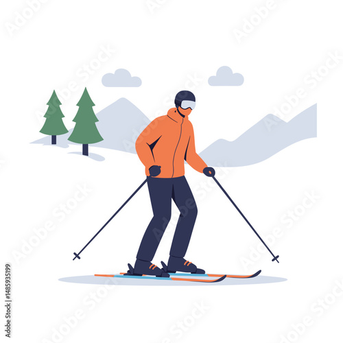 Skier gliding down slope in winter landscape with snow-covered trees .  Minimalistic vector illustration . Flat style, soft colors, white background.