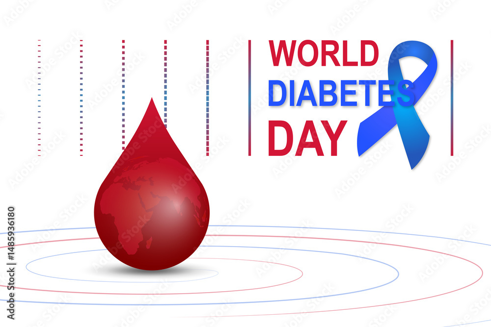 Obraz premium World Diabetes Day vector art. Globe integrated with a red blood drop and the blue diabetes awareness ribbon. Health events. Diabetes awareness concepts.