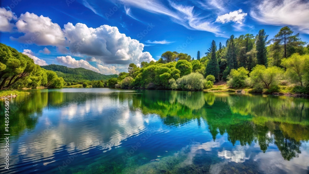 Panoramic view of a serene lake surrounded by lush greenery and towering trees, with a bright blue sky and a few wispy clouds , lake, Zakynthos island Panoramic view of a serene lake surrounded by lush greenery and towering trees, with a bright blue sky and a few wispy clouds , lake, Zakynthos island