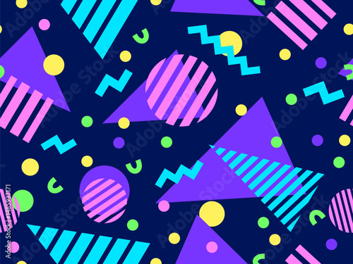 Geometric seamless pattern with memphis elements in 80s style. Colorful pattern with different geometric shapes. Design for packaging, covers, wrapping and promotional products. Vector illustration