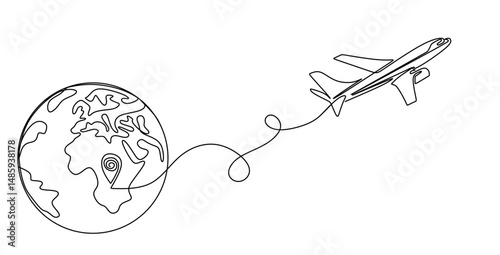 One continuous line drawing of Earth globe with airplane. Flight route path on world map in simple linear style. Travel and flight airline web banner. Doodle vector illustration 