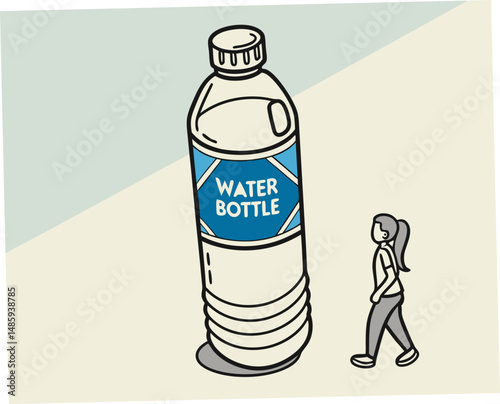 Giant water bottle with woman walking beside it in minimalist style  