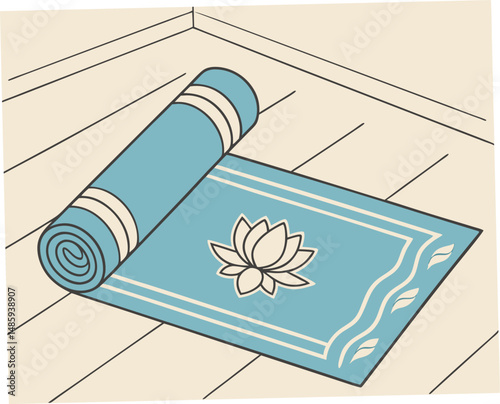 Yoga mat rolled out on wooden floor with lotus design  