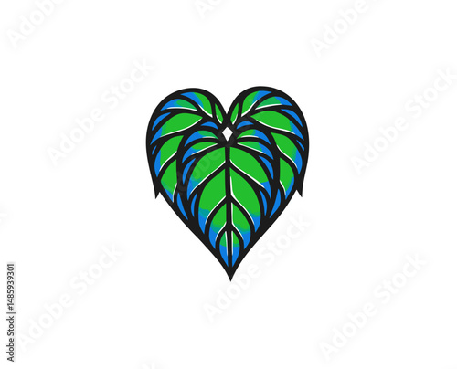 Heart-shaped design made of green and blue leaves  