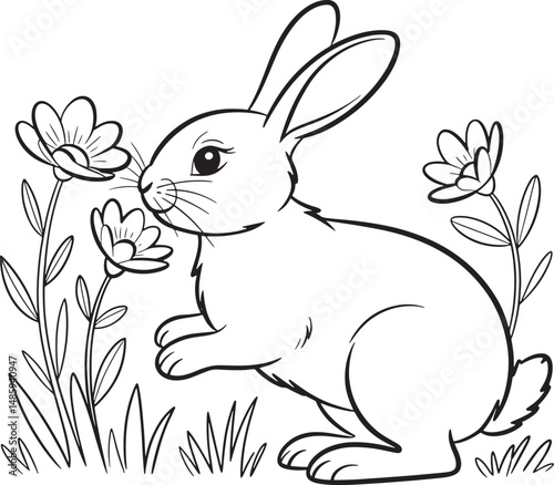 Adorable bunny rabbit sniffing flowers coloring page