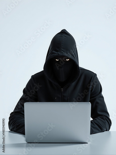 person hooded eyes sits hunched laptop attempting infiltrate company systems backdoor