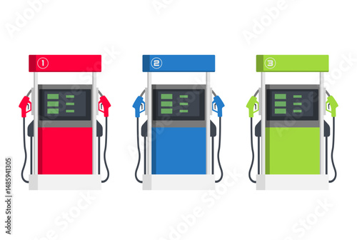 Set of gas pump in different colors. Petrol dispenser fuel machine isolated on white background. Vector stock