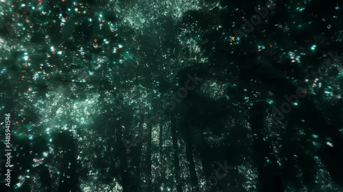 Enchanting light particles dance through a mystical forest