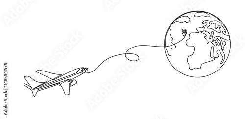 One continuous line drawing of Earth globe with airplane. Flight route path on world map in simple linear style. Travel and flight airline web banner. Doodle vector illustration 