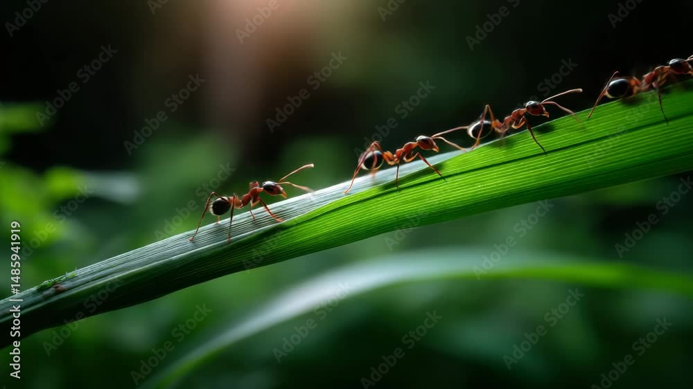 Close up of small red ants walking in line on green leaf outdoors, showcasing insect teamwork and colony in nature with soft sunlight and peaceful background
