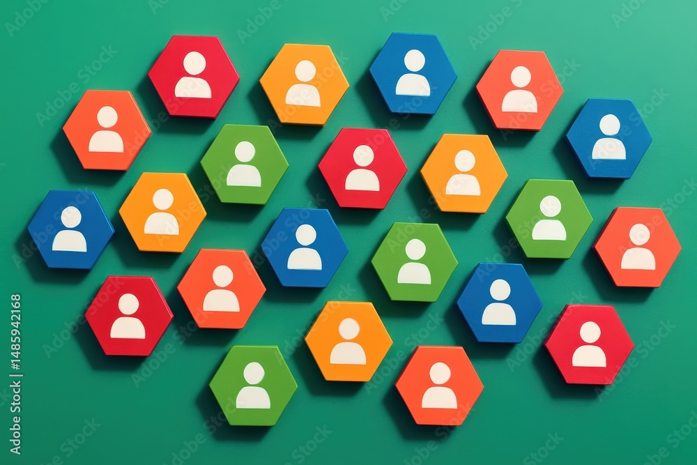 Naklejka premium Group of Colorful Hexagon Human Icons Representing Teamwork, Community, Social Networking, and Human Resources on a Green Background