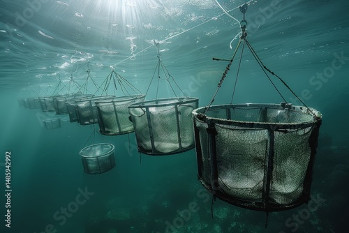 A series of underwater cages designed for sustainable shrimp farming rest in the ocean's depths, showcasing modern aquaculture methods focused on environmental responsibility and marine innovation.