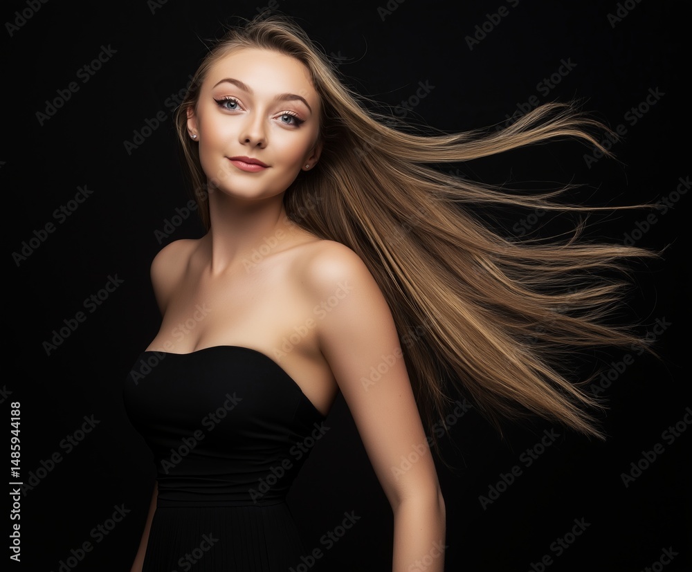 Naklejka premium Beauty Fashion model. woman's face & beautiful voluminous hair. Beautiful female face. Healthy hair with a luxurious Updo haircut. Waves, wavy Volume Hairstyle. Hair Salon.