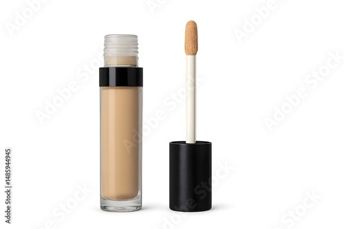 A tube of liquid concealer with a wand applicator, designed for makeup application. Concept Liquid Concealer, Wand Applicator, Makeup Essentials, Flawless Coverage, Beauty Tools photo