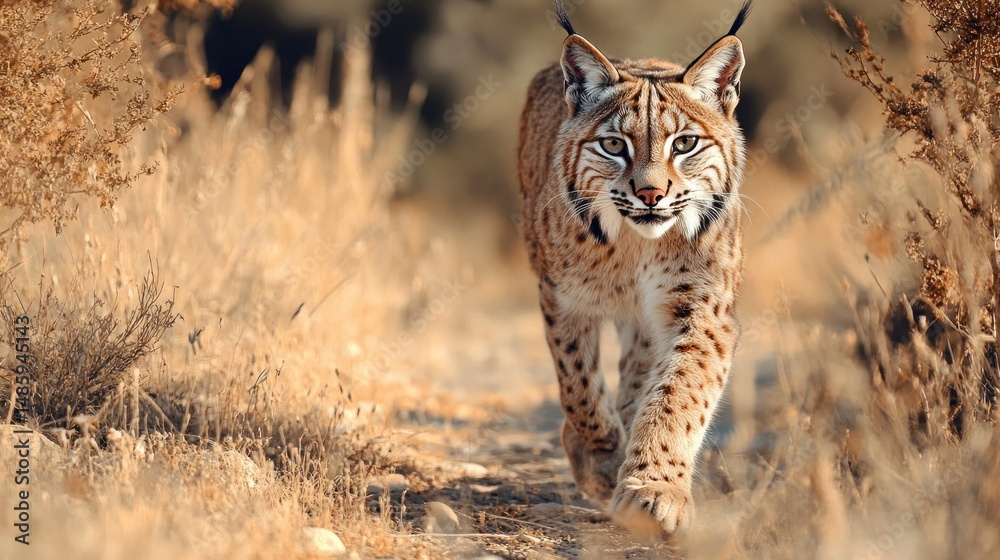 Obraz premium A beautiful Iberian lynx cat through the dry undergrowth, background wallpaper AI generated image