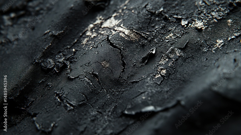 Close-up of charred, cracked material with dark grey and metallic flecks Close-up of charred, cracked material with dark grey and metallic flecks