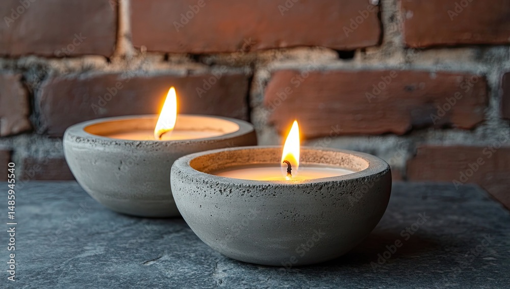 Two candles in gray concrete bowls, warm light, brick wall Two candles in gray concrete bowls, warm light, brick wall