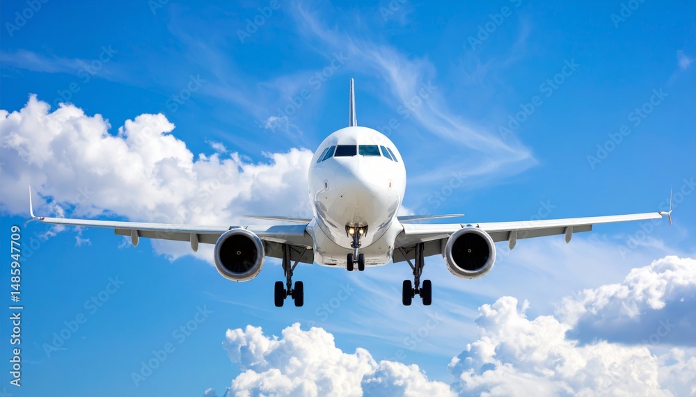 Fototapeta premium Airplane in the sky, realistic 3D model of plane flying in the sky, tourism and air travel background