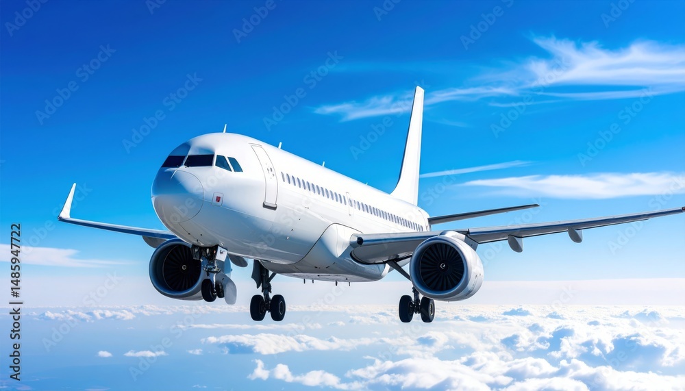 Obraz premium Airplane in the sky, realistic 3D model of plane flying in the sky, tourism and air travel background