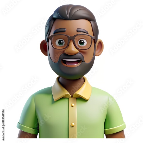 African American middle aged man with beard and green shirt on white background