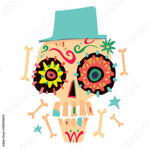 Day of the dead skull and bones flat