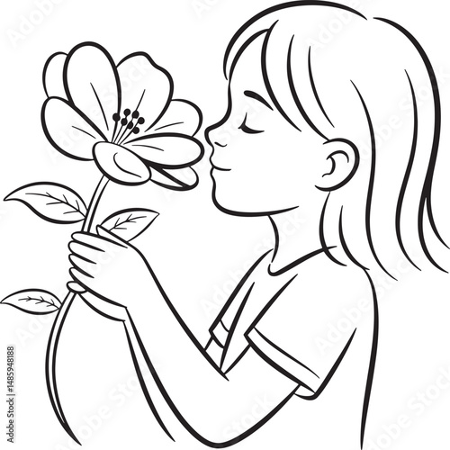 Girl smelling a beautiful flower nature child art