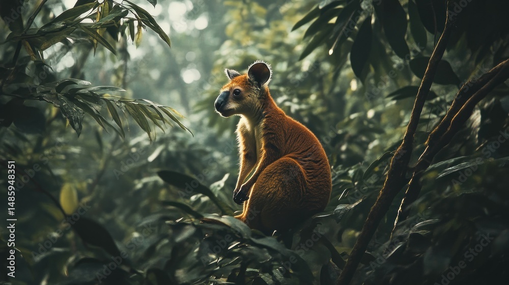 Obraz premium A rare Tree Kangaroo in the dense rainforest trees, background wallpaper AI generated image