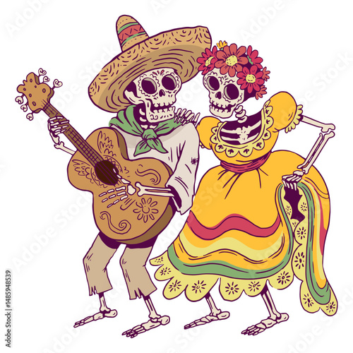 Day of the dead skeleton couple with guitar illustration