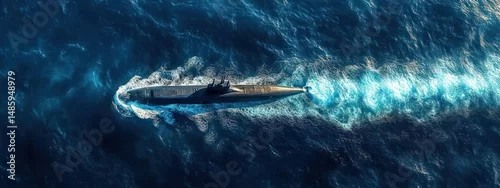 Panel kuchenny z motywem A submarine moving underwater creating a visible trail through deep blue ocean water from an aerial perspective