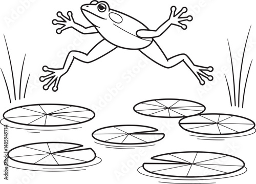 Jumping frog above lily pads in pond outline illustration for coloring books