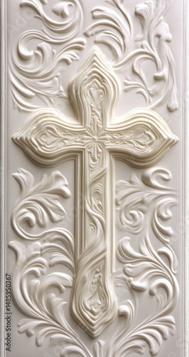 Ornate, white cross relief carving on a panel, detailed floral design