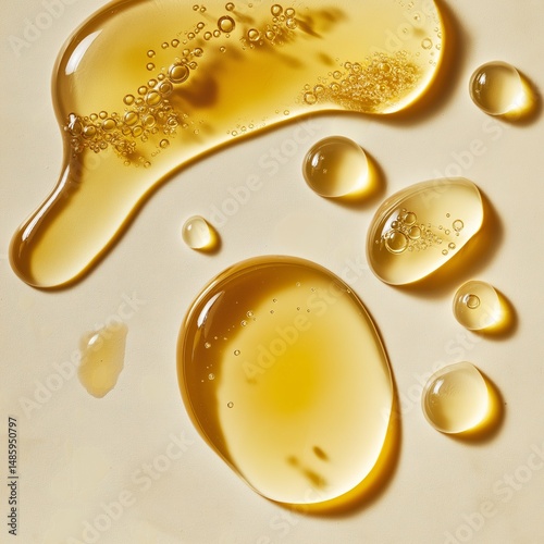 A high-quality flat lay texture shot of natural ingredients: golden honey, olive oil, and macadamia oil. Pools of honey texture.