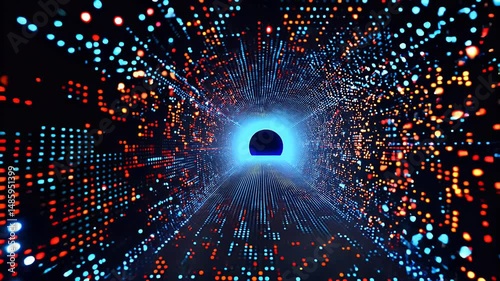 Futuristic tunnel filled with glowing red and blue data particles