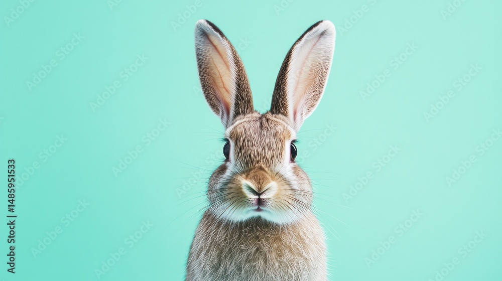 Fototapeta premium Cute rabbit portrait against teal backdrop