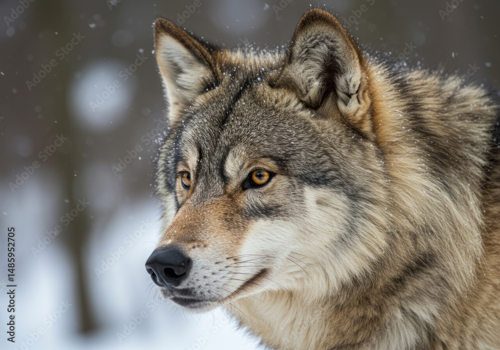 Fototapeta premium A wolf in the snow, staring intensely ahead.