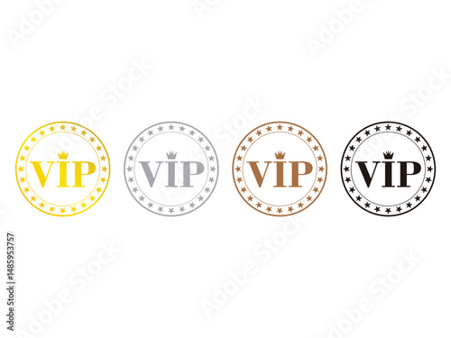 set of gold VIP badges with crown symbol icon design vector, isolated on transparent background